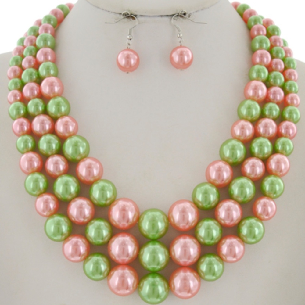 pink and green acrylic pearl necklace and earring